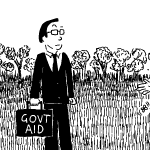 Cartoon man dark suit. Suitcase of govt aid.