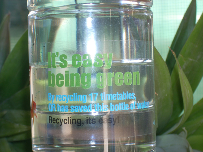 QR bottled water 3 QR It's Easy Being Green bottled water. By recycling 17 timetables QR has saved this bottle of water. Recycling, it’s easy!