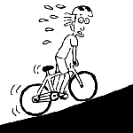 Cartoon sweating boy on bike climbing hill