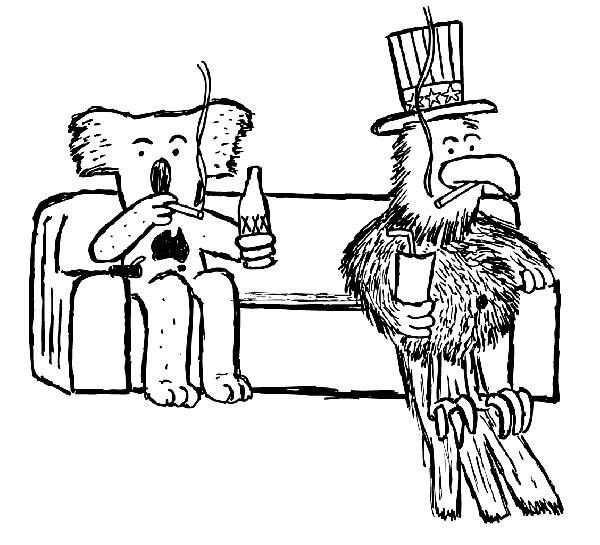 Many Australians and Americans have an increasingly poor diet and exercise regime. Cartoon of koala and bald eagle sitting on couch watching TV, smoking cigarettes. Cartoon koala and eagle sitting on couch. Smoking cigarettes, drinking beer and watching TV. Sedentary Australian and American lifestyles.
