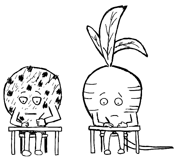 This refers to a study which tested the resolve of students able to eat radishes, versus those able to eat radishes. The subjects were asked to solve an unsolvable problem. Cartoon cookie and raddish sitting an exam at desks. Black and white drawing.
