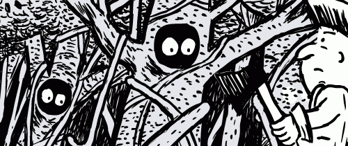 Explorer man axe drawing. Forest trees with eyes vine cartoon.