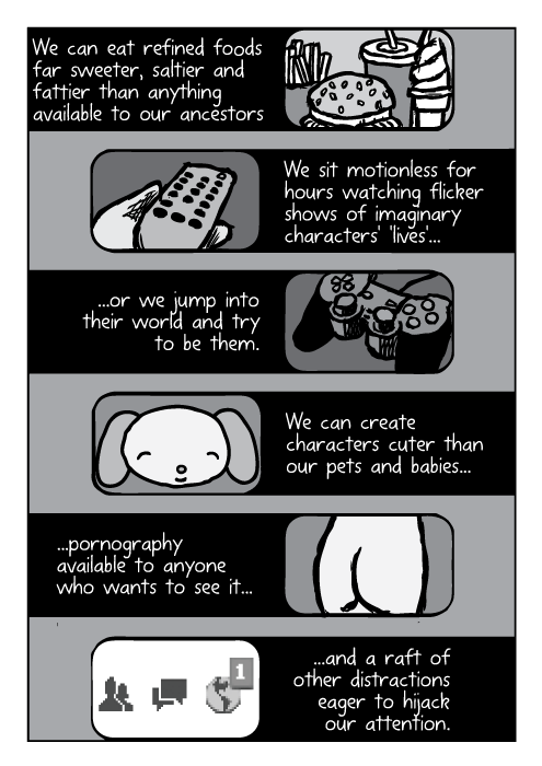 We can eat refined foods far sweeter, saltier and fattier than anything available to our ancestors. We sit motionless for hours watching flicker shows of imaginary characters' 'lives'...or we jump into their world and try to be them. We can create characters cuter than our pets and babies...pornography available to anyone who wants to see it...and a raft of other distractions eager to hijack our attention.