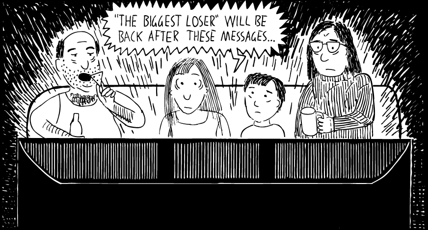 Cartoon family sitting around television. View from behind TV. Drawing of dark room. Screen glare.