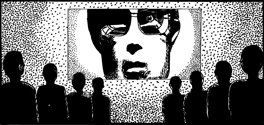Drawing of 1984 Big Brother from Apple Macintosh advertisement. Crowd watching face on screen.