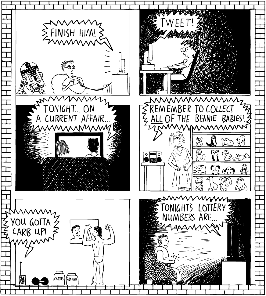 Cross section of apartment building cartoon. Drawing of people in rooms watching TV.