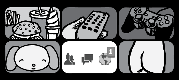 6 examples of supernormal stimuli. Fun fact: the 'cute character' was originally a Pikachu. My wife advised me to change it to a generic character in case Nintendo felt like suing me! Supernormal Stimuli drawings: burger fries soft serve, remote control, PS2 controller, female behind