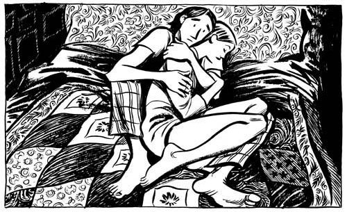 Blankets by Craig Thompson bed panel with Raina. Blankets Craig Thompson and Raina hugging on bed