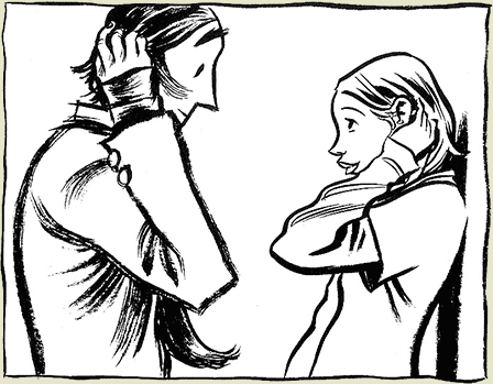 Blankets by Craig Thompson bed panel with Craig and Raina meeting. Blankets Craig and Raina meeting. Awkward body language.