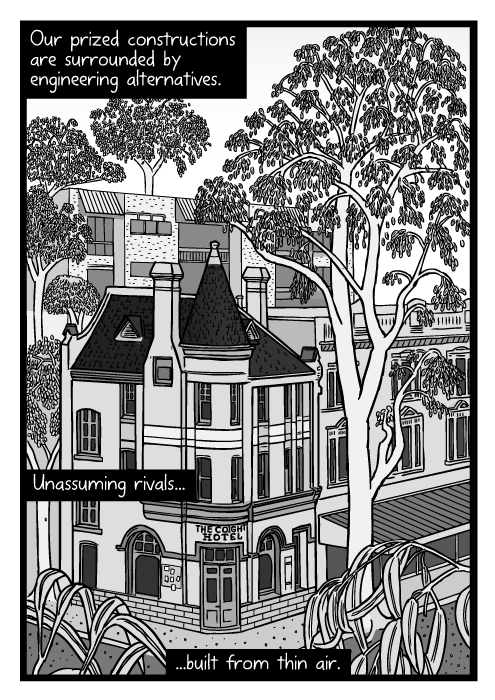 City tree next to building cartoon. Hotel surrounded by trees drawing. Our prized constructions are surrounded by engineering alternatives. Unassuming rivals...built from thin air.