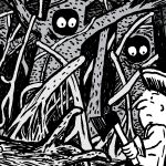 Cartoon trees with eyes from hole in trunk