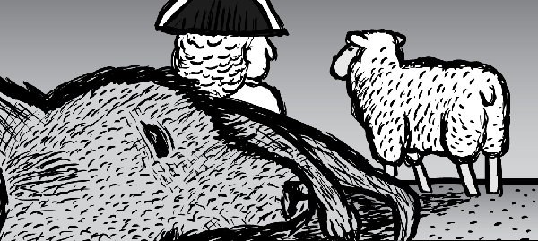 THOSE animals aren't supposed to be here. THESE ones are. Man and sheep walk past dead kangaroo. Cartoon drawing black and white.