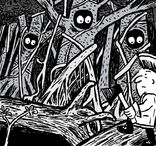 A dramatic scene. The axeman cometh to the forest. Man holds axe, looking at rainforest. Black and white cute trees with eyes cartoon.