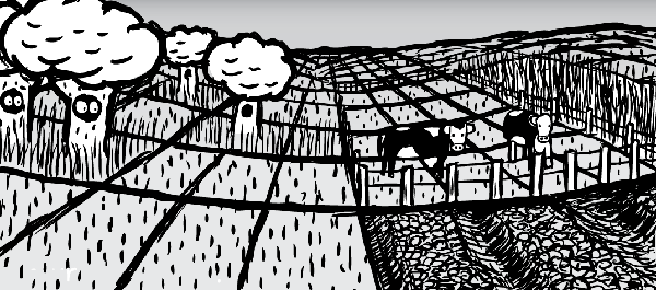 Bugger it! Let's cut down EVERY SINGLE TREE from the fields we want to grow cattle on! Farmlands cartoon. Farming cattle drawing. Land grid.