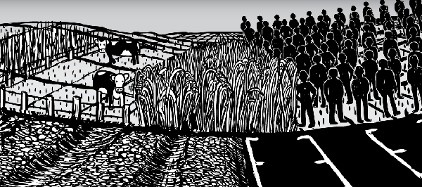 The third panel of the progression from page 6 of Purpose, part 1. Farmland converted to food. Food converted to people cartoon.