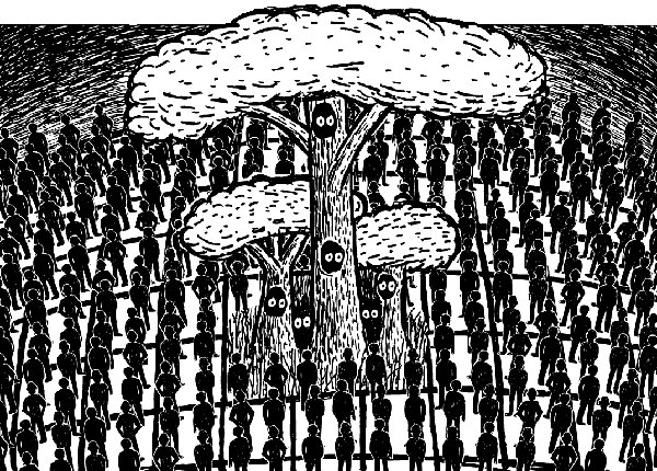 The last squares of nature on a planet of people. Cartoon trees surrounded by grid of people. Deforestation logging drawing.