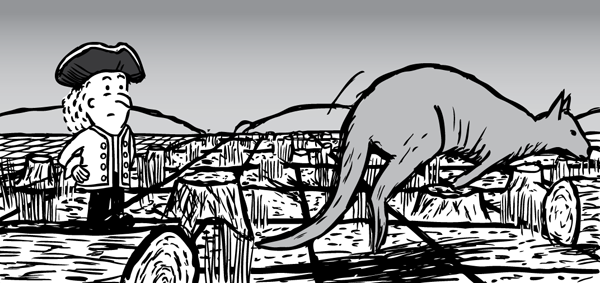 What the...? Man looks at wallaby hopping over deforested land. Cartoon kangaroo jumping.