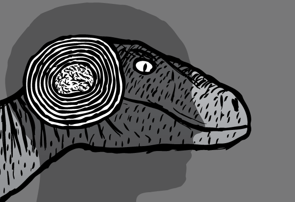 A reptile brain sits deep within us. A raptor brain, perhaps? Raptor cartoon. Reptile brain drawing. Velociraptor. Human silhouette.