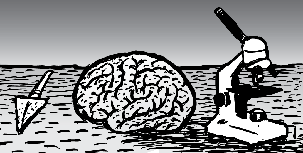 Same brain. Radically different tools. Cartoon brain with spear and microscope. Black and white drawing line art.