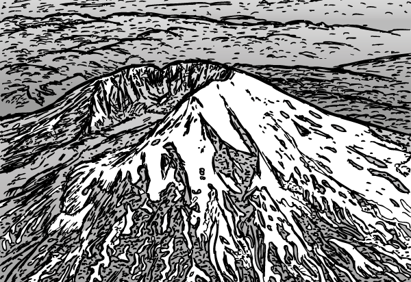 Aerial shot of Mount St. Helens post-eruption. Ain't she a beauty. Cartoon Mount St. Helens. Aerial drawing of snow-covered volcano.