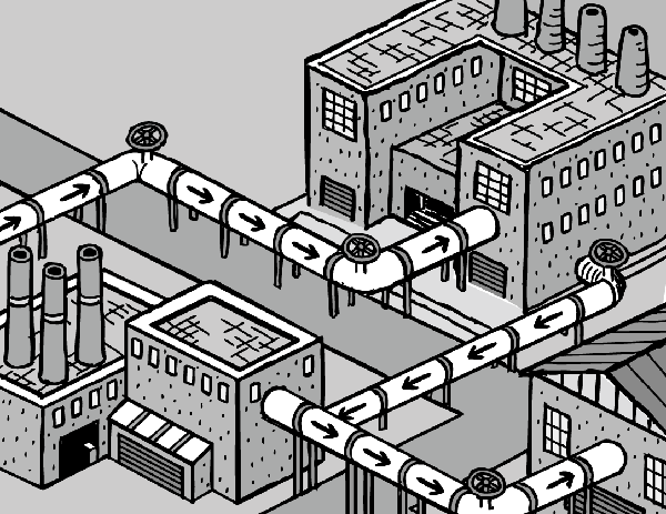 High angle cartoon isometric factory scene, showing industrial recycling and industrial loop-closing.