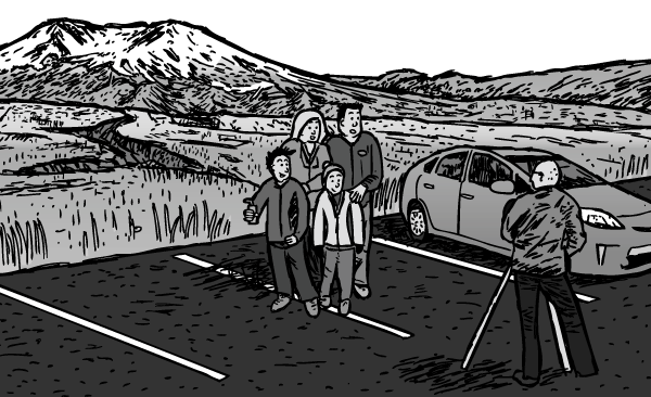 It was hard to find a photo of a photo of a family getting its photo taken. Here is one for the internet to enjoy! Family photograph pose in front of tripod. Cartoon photographer focusing. Drawing of Mount St. Helens carpark.