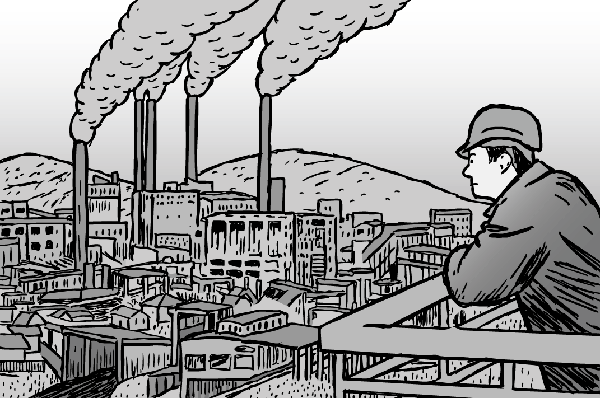 Yes, organisations need to change to become Type III recyclers. But organisatiosn are made of people, who need to speak up and make the change! Cartooon man looking at factory. Black and white drawing of smokestacks. Hard hat.