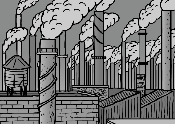 One of my favouite panels from the comic. The factory smokestacks/weed image from Page 8. Cartoon smokestacks. Black and white drawing of factory chimneys.