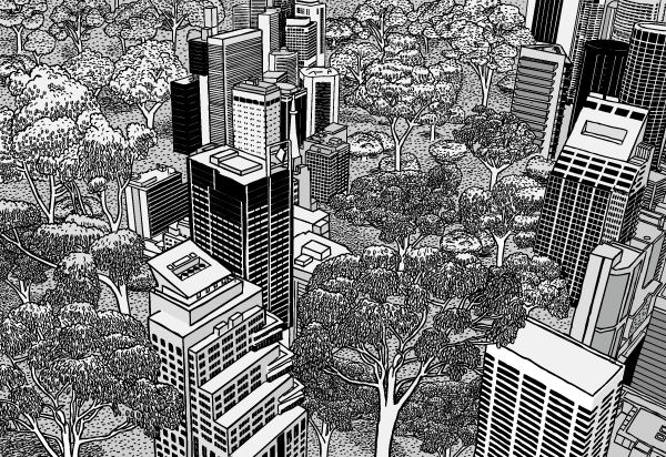 My idea of a futuristic city. Dense urban spaces interspersed with natural bushland. Cartoon city skyscrapers surrounded by trees. Black and white aerial drawing office towers. Urban nature.