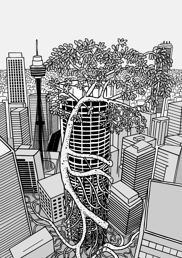 The original cover featured a giant strangler fig wrapping around a Sydney office tower. Cartoon strangler fig wraps around building. Skyscraper wrapped in tree roots drawing. Comic art cover.