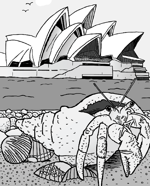 Crab and Sydney Opera House. Natural and industrial. Two approaches to engineering. Cartoon hermit crab in shell in front of Sydney Opera House. Black and white drawing.