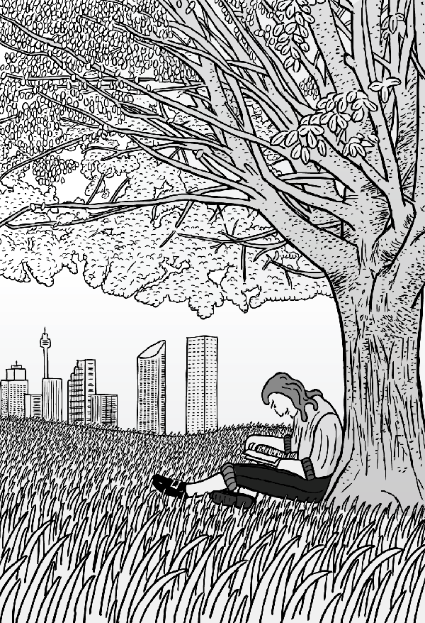 Van Helmont, the contemporary Sydney-sider takes 5 to read a book. Cartoon man sits under Sydney tree reading a book. Black and white drawing.