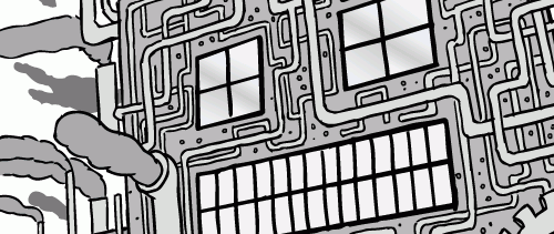 Cartoon factory face windows. Low angle drawing of robot face twisted pipes smokestacks chimneys.