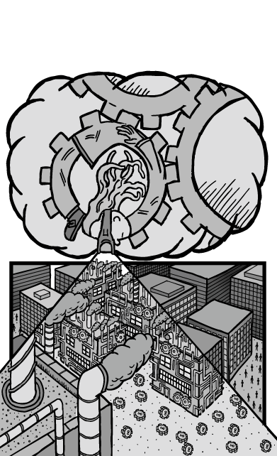 Black and white cartoon of girl as cog in a machine.