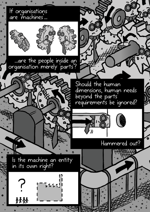 Organisation machine drawing. Employees as cogs in the machine. Black and white comic art. If organisations are ‘machines’, are the people inside an organisation merely ‘parts’? Should the human dimensions, human needs beyond the parts’ requirements be ignored? Hammered out? Is the machine an entity in its own right?