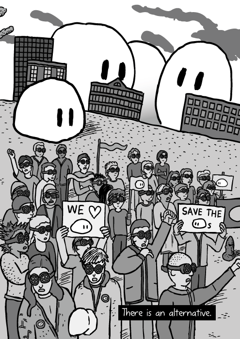 Cartoon crowd of protesters. Creatures in city background. Cartoon crowd of protesters. Creatures in city background.