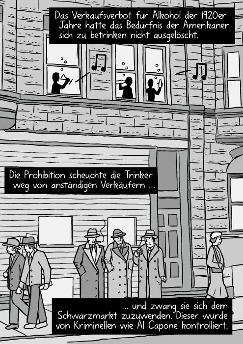 Eine Strasse im Chicago der 1930er Jahre. Mafiosi rauchen. Das Verkaufsverbot für Alkohol der 1920er Jahre hatte das Bedürfnis der Amerikaner sich zu betrinken nicht ausgelöscht. Die Prohibition scheuchte die Trinker weg von anständigen Verkäufern … und zwang sie sich dem Schwarzmarkt zuzuwenden. Dieser wurde von Kriminellen wie Al Capone kontrolliert.