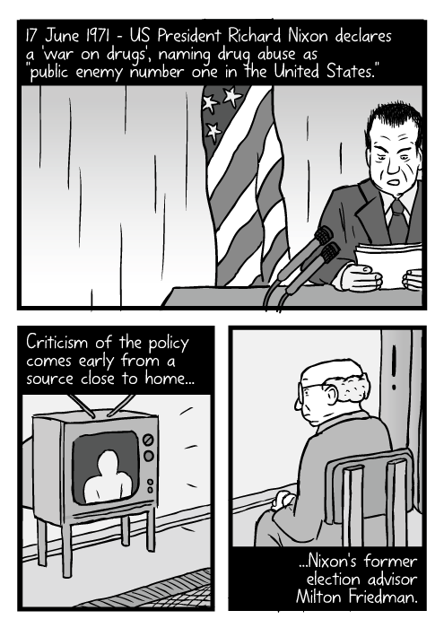 Cartoon Richard Nixon speech. Man watching television drawing. 17 June 1971 – US President Richard Nixon declares a 'war on drugs', naming drug abuse as "public enemy number one in the United States." Criticism of the policy comes early from a source close to home...Nixon's former election advisor Milton Friedman.