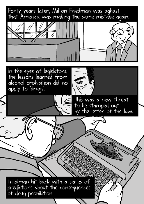 High-angle view cartoon man using typewriter. Milton Friedman drawing. Forty years later, Milton Friedman was aghast that America was making the same mistake again. In the eyes of legislators, the lessons learned from alcohol prohibition did not apply to 'drugs'. This was a new threat to be stamped out by the letter of the law. Friedman hit back with a series of predictions.