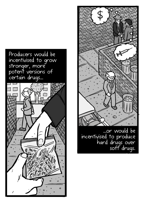 Drug deal cartoon. Drawing of drugs changing hands. Producers would be incentivised to grow stronger, more potent versions of certain drugs...or would be incentivised to produce hard drugs over soft drugs.