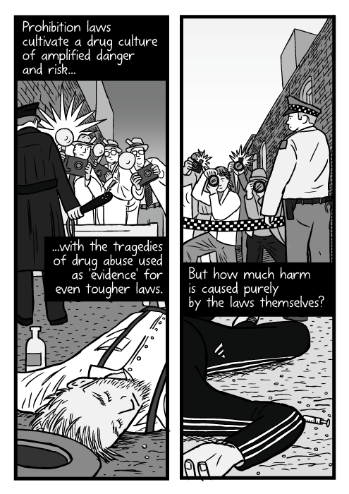 Dead drunk cartoon. Unconscious man drawing. Photographers behind police line. Flash bulbs. Prohibition laws cultivate a drug culture of amplified danger and risk...with the tragedies of drug abuse used as 'evidence' for even tougher laws. But how much harm is caused purely by the laws themselves?