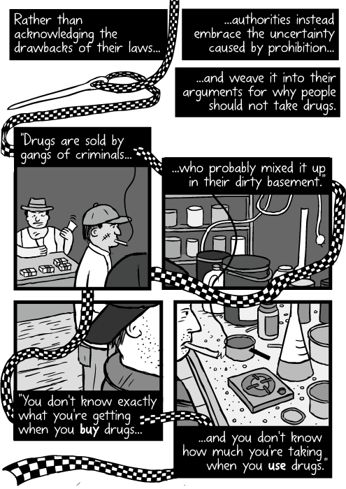 Meth lab drawing. Cartoon police ribbon sewing needle. Rather than acknowledging the drawbacks of their laws...authorities instead embrace the uncertainty caused by prohibition...and weave it into their arguments for why people should not take drugs. "Drugs are sold by gangs of criminals...who probably mixed it up in their dirty basement." "You don't know exactly what you're getting when you buy drugs...and you don't know how much you're taking when you use drugs."