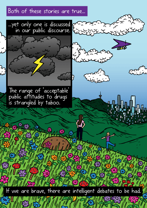 Colourful flowers mountaintop drawing. Cartoon girls distant city mountain lookout. Both of these stories are true...yet only one is discussed in our public discourse. The range of 'acceptable' public attitudes to drugs is strangled by taboo. If we are brave, there are intelligent debates to be had.