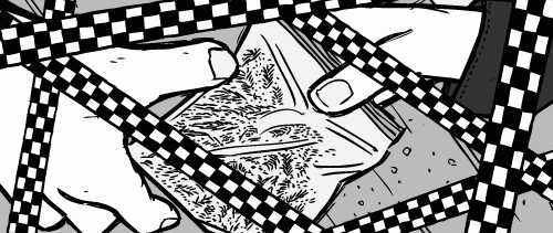 Cartoon hands drug deal. Criss-crossed police tape drawing. Marijuana bag comic art.