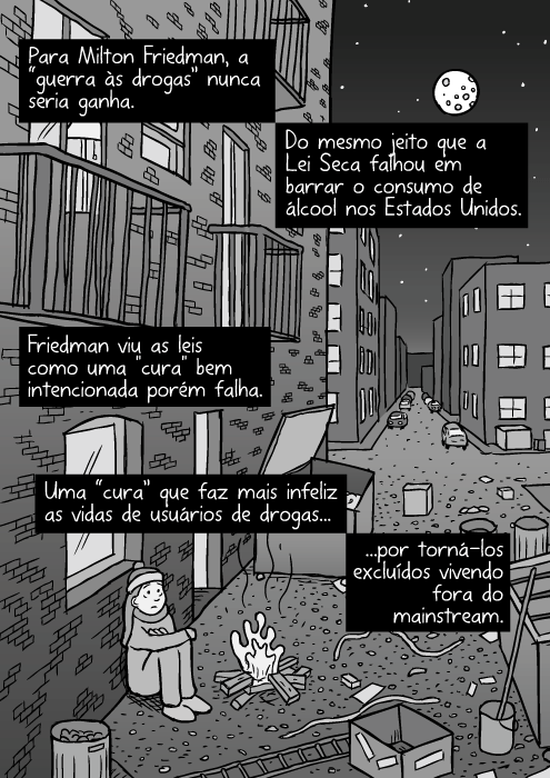 Desenho beco da cidade. Noite lixeiras lixo. Cartum garota sem-teto. Oersoectiva urbana beco. Para Milton Friedman, a “guerra às drogas” nunca seria ganha. Do mesmo jeito que a Lei Seca falhou em barrar o consumo de álcool nos Estados Unidos. Friedman viu as leis como uma "cura" bem intencionada porém falha. Uma “cura” que faz mais infeliz as vidas de usuários de drogas...por torná-los excluídos vivendo fora do mainstream.