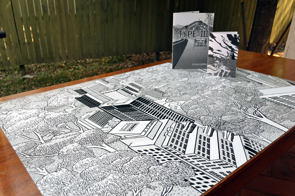 Thin Air urban nature wall print 600. Cartoonist in a box Stuart McMillen Thin Air urban nature wall print. Photograph of printed poster and comic book and greeting card.