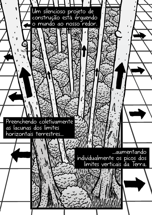 Desenho grade floresta. Cartum árvores setas. Um silencioso projeto de construção está erguendo o mundo ao nosso redor. Preenchendo coletivamente as lacunas dos limites horizontais terrestres...aumentando individualmente os picos dos limites verticais da Terra.