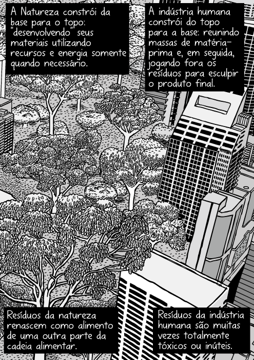 Cartum natureza urbana. Desenho de arranha-céus próximos de mata nativa. Torres de escritórios e floresta. Vista aérea das árvores da cidade. A Natureza constrói da base para o topo: "desenvolvendo" seus materiais utilizando recursos e energia somente quando necessário. A indústria humana constrói do topo para a base: reunindo massas de matéria-prima e, em seguida, jogando fora os resíduos para esculpir o produto final. Resíduos da natureza renascem como alimento de uma outra parte da cadeia alimentar. Resíduos da indústria humana são muitas vezes totalmente tóxicos ou inúteis.