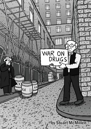 War on Drugs by Stuart McMillen comic cover artwork. War on Drugs comic cover. Man in alley holding sign drawing. Bob Dylan alleyway Subterranean Homesick Blues cue cards. Cartoon Milton Friedman. Al Capone.