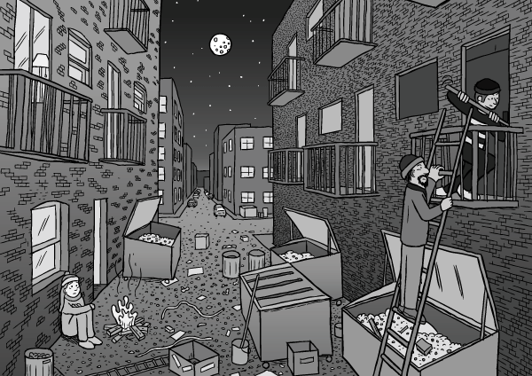 War on Drugs cartoon laneway scene - page 18 of the comic. More unintended victims of drug prohibition laws. I like the way I drew the moon in this picture! Comic artwork dark alleyway night drawing. Cartoon perspective drawing of city alley dumpsters balconies.